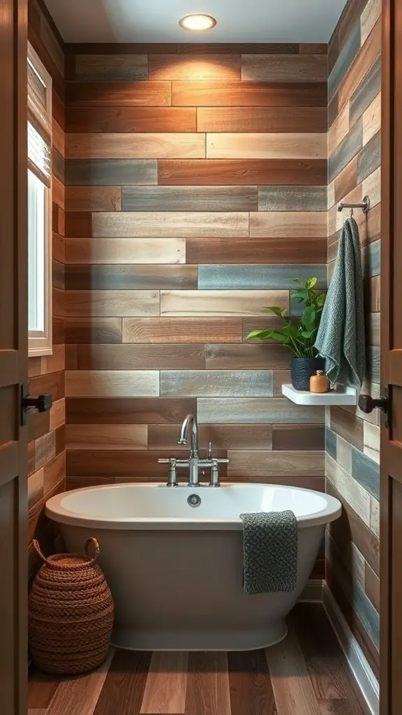 A rustic bathroom featuring wooden accent wall panels, a freestanding tub, and simple decor.