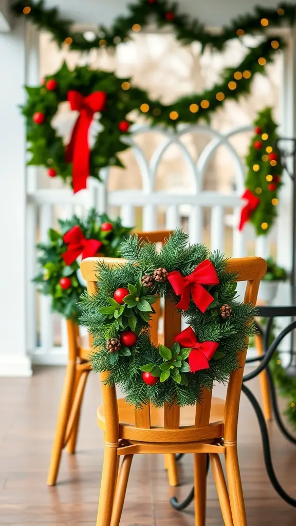 Christmas wreaths with red bows on wooden patio chairs