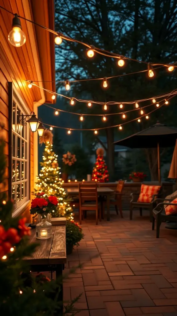 A cozy patio decorated with twinkling string lights and holiday decorations.