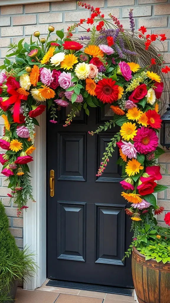A colorful floral garland over a black door, featuring roses, gerbera daisies, and sunflowers.