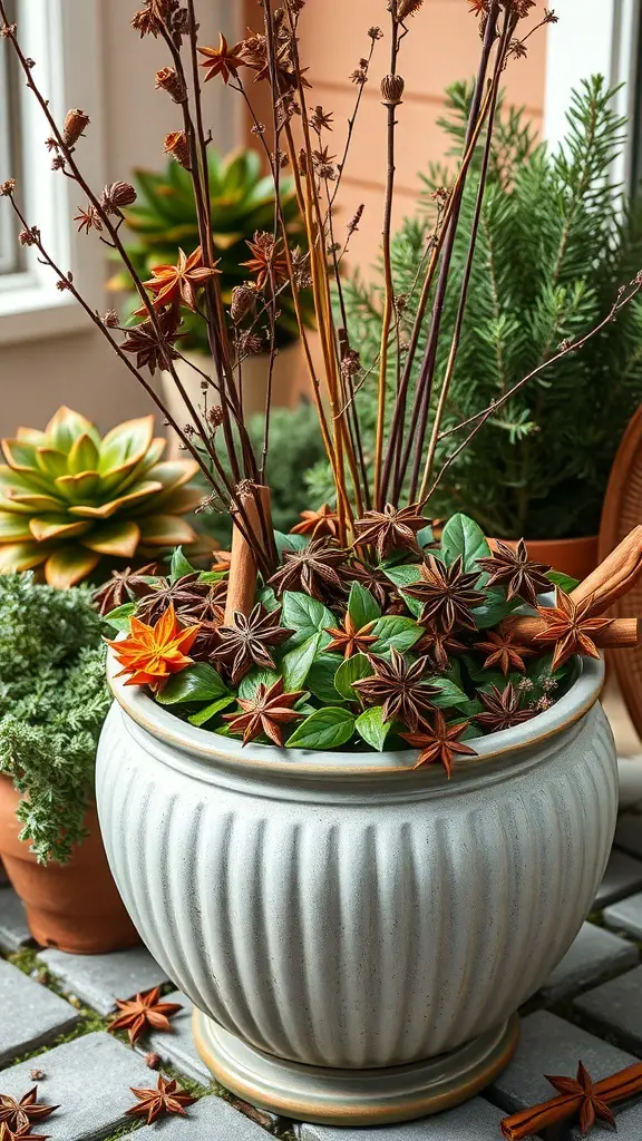 A cozy planter featuring cinnamon sticks, star anise, and green leaves, set in a decorative pot.