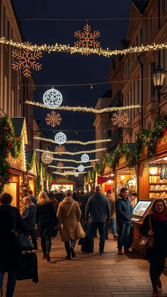 A bustling Christmas market with festive lights and decorations, filled with people enjoying the holiday spirit.