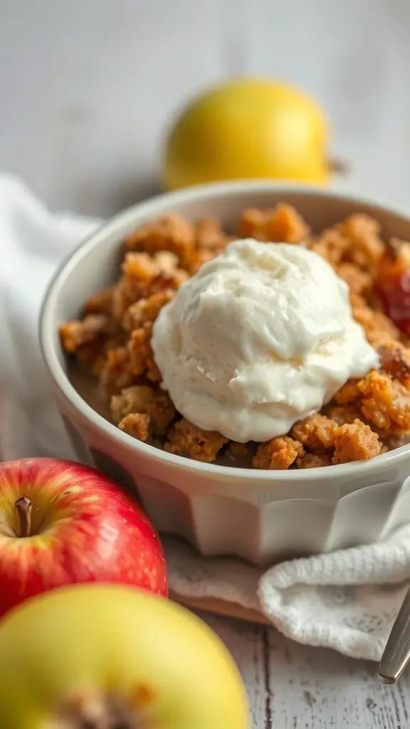 25+ Delicious Thanksgiving Desserts Perfect for a Crowd 5 A bowl of apple crisp with oat topping and a scoop of vanilla ice cream, surrounded by fresh apples.