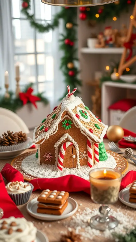 A beautifully decorated gingerbread house centerpiece on a festive Christmas table