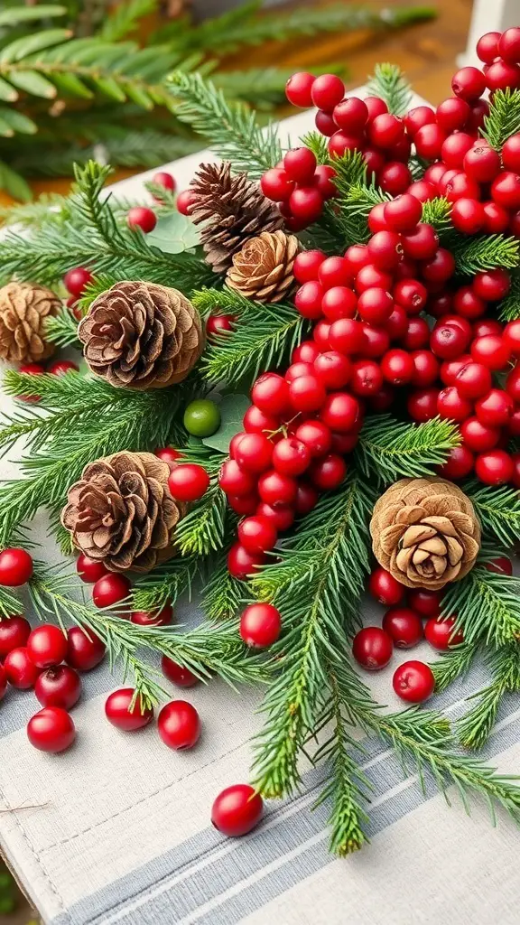 A festive table decor featuring cranberries and pinecones arranged with greenery.
