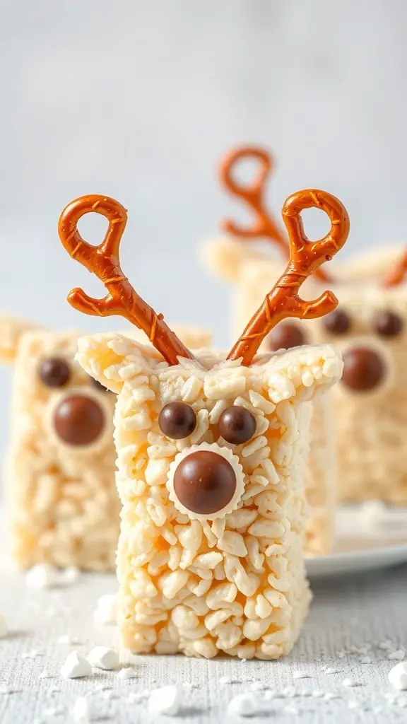 29+ Fun and Festive Christmas Snacks for Kids 8 Reindeer Rice Krispie Treats shaped like reindeer with pretzel antlers and candy features.