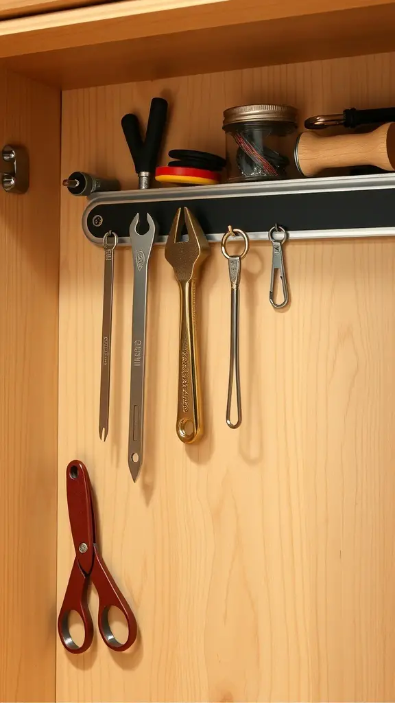 29+ Creative Bathroom Under Sink Organization Ideas You Need to Try 8 Magnetic strips holding various small metal tools and scissors inside a cabinet