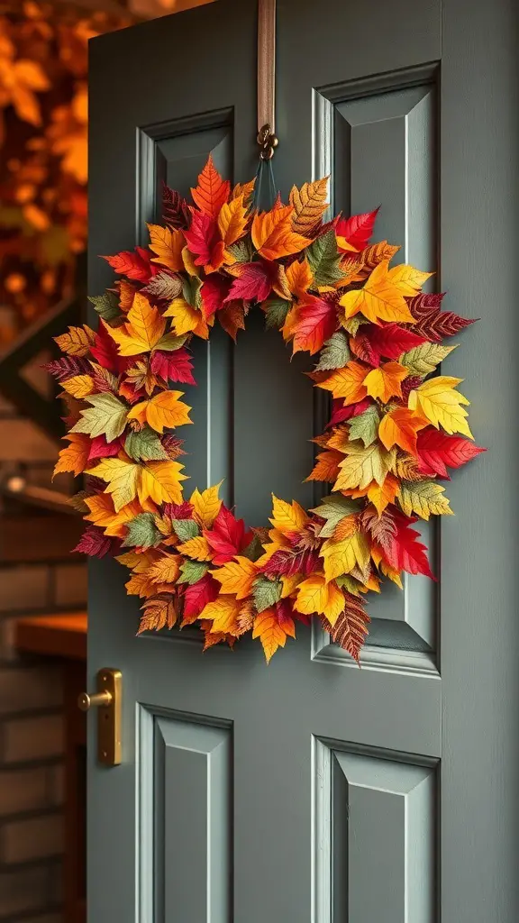 27+ Creative Thanksgiving Crafts for Preschoolers 8 A colorful autumn wreath made of leaves, hanging on a door.