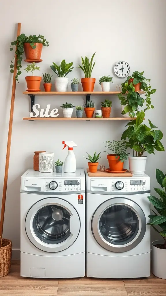 27+ Creative Over Washer and Dryer Shelf Ideas for a Stylish Laundry Room 10 A decorative ladder shelf filled with various plants above a washer and dryer setup.