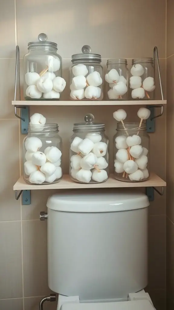 27+ Stylish Over the Toilet Storage Ideas to Maximize Your Space 14 Glass jars filled with cotton balls and swabs displayed on a shelf above a toilet.