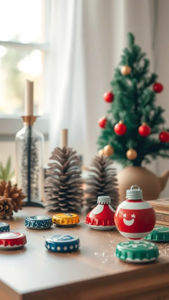 Colorful bottle caps turned into festive ornaments on a wooden table with a small Christmas tree in the background.