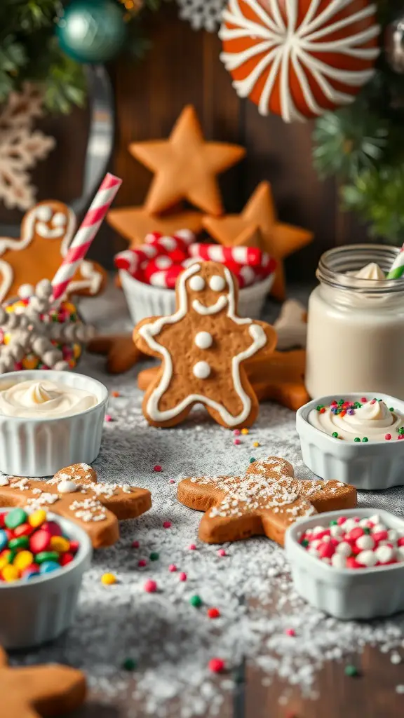 A festive gingerbread cookie decorating station with cookies, icing, and colorful toppings.