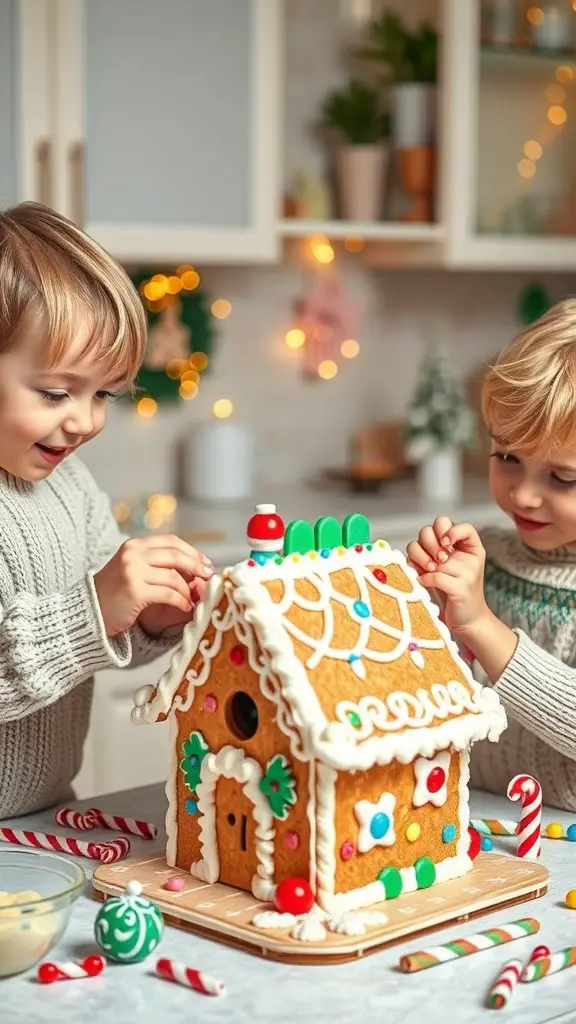 27+ Fun Christmas Activities for Kids to Enjoy This Holiday Season 6 Two children decorating a gingerbread house with colorful candies and icing.