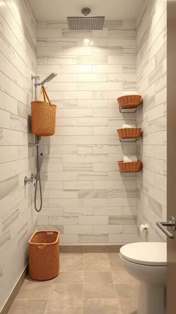 25+ Stunning Walk-In Shower Ideas with No Doors for a Sleek Bathroom Design 11 A modern walk-in shower with wall storage solutions, featuring baskets and a clean design.
