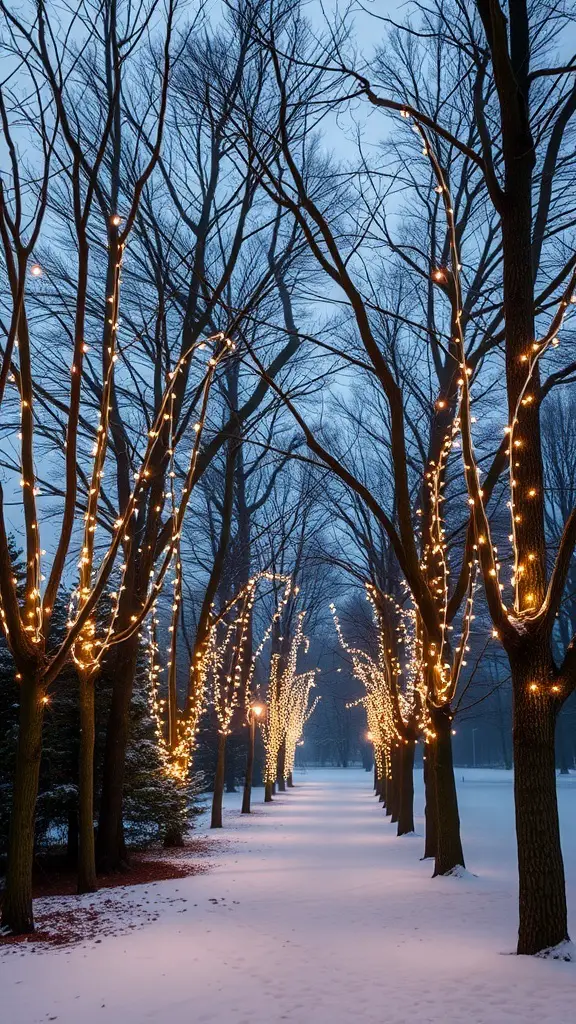 Pathway lined with twinkling string lights in trees during winter