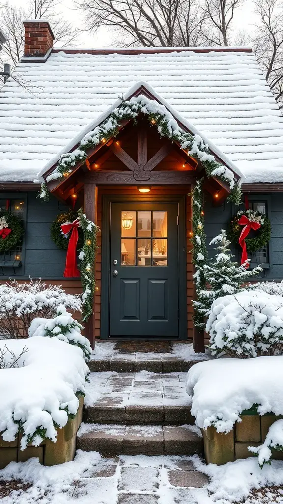 A cozy cottage with snowy outdoor decor, featuring a front door adorned with wreaths and red bows, surrounded by snow-covered bushes.