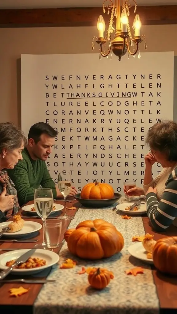 A group of people around a table with a Thanksgiving word search on the wall.