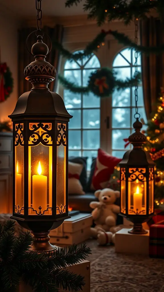 A cozy room decorated for Christmas with Victorian lanterns illuminating the space.