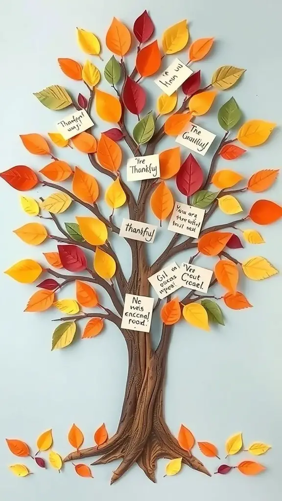 25+ Fun Thanksgiving Crafts for Toddlers to Create Together 6 A colorful Thanksgiving Gratitude Tree with paper leaves and notes expressing gratitude.