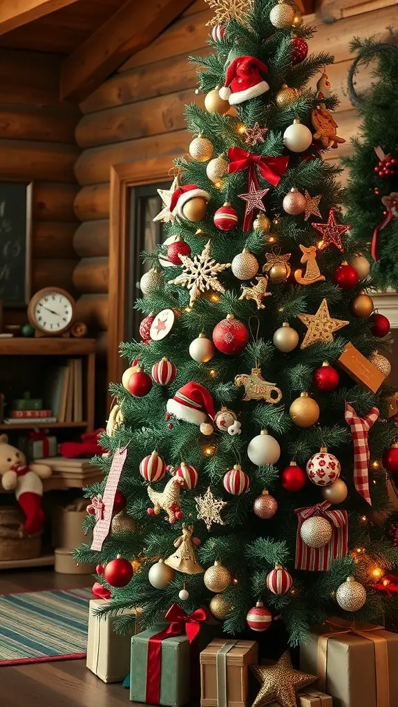 A vintage cabin Christmas tree decorated with red and gold ornaments, surrounded by wrapped gifts.