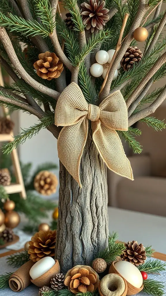 A rustic Christmas tree with a burlap ribbon bow and natural decorations.