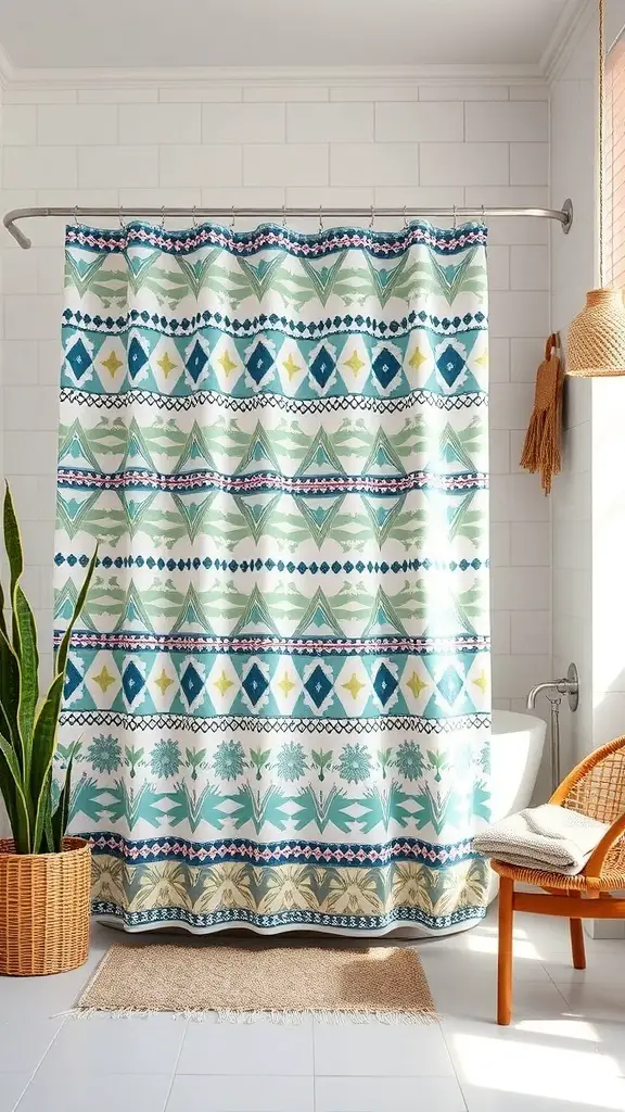 25+ Stunning Boho Shower Curtain Ideas for a Unique Bathroom Decor 9 Geometric boho shower curtain with colorful patterns in a bright bathroom setting