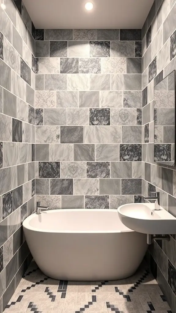 A modern bathroom featuring a mix of large and small tiles on the walls, with a sleek bathtub and sink.