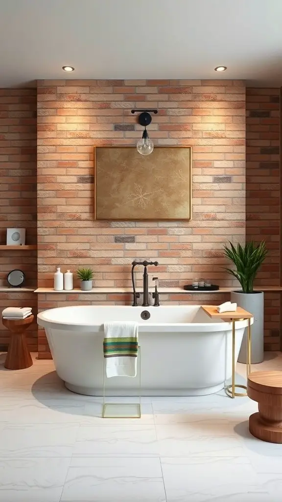 23+ Stunning Bathroom Brick Wall Accent Ideas You Need to Try 15 A modern bathroom featuring a brick accent wall behind a white bathtub, with stylish lighting and decor.