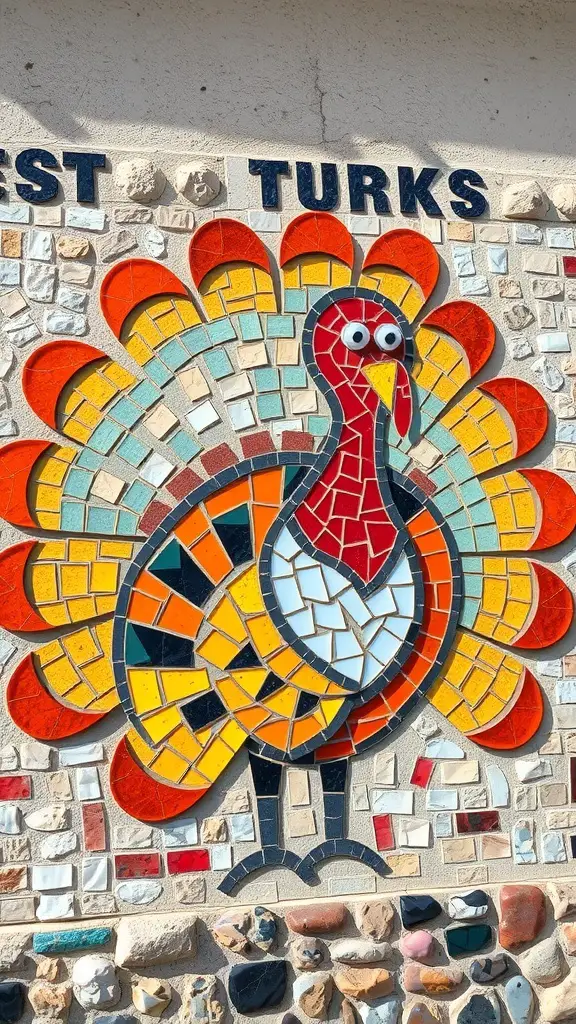 27+ Creative Turkey Crafts for Adults to Celebrate Thanksgiving 14 Colorful turkey mosaic art made from various tiles.
