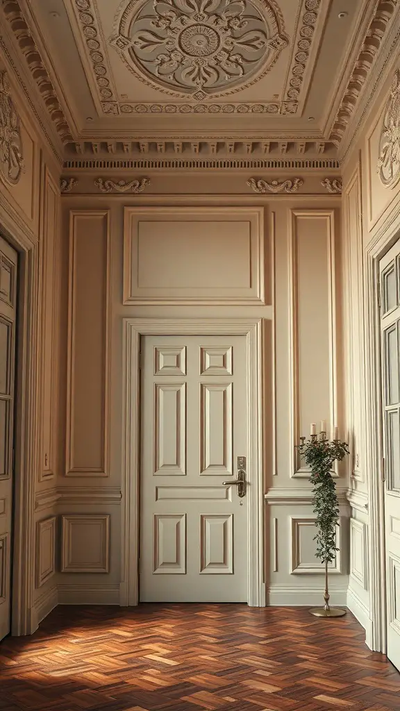 27+ Stunning Wall Molding Ideas to Transform Your Space 13 A vintage styled room with intricate wall and ceiling moldings, featuring a wooden floor and a door.