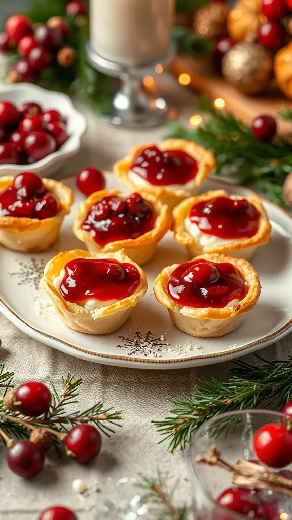 A plate of cranberry brie bites with cranberry sauce on top, surrounded by fresh cranberries and festive decorations.