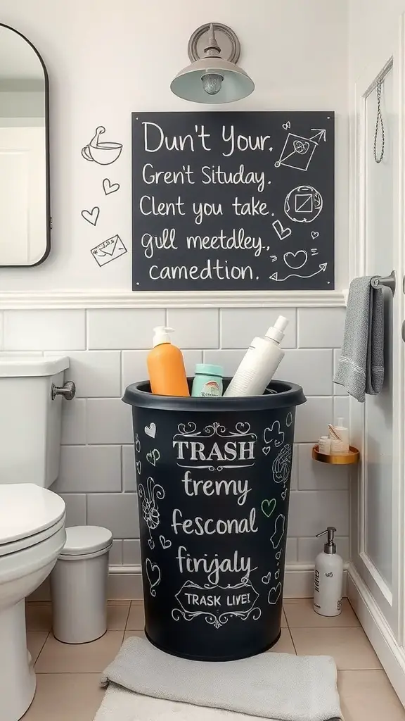 A stylish chalkboard trash can in a modern bathroom, featuring customizable writing and decorations.
