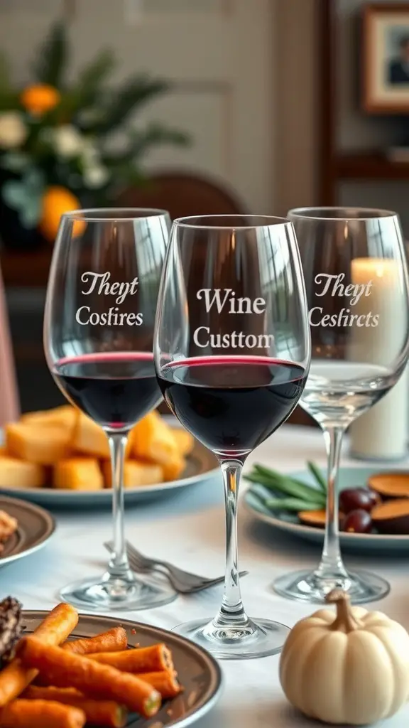Custom engraved wine glasses on a table with food