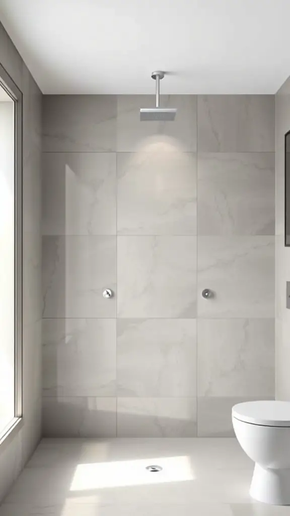 25+ Stunning Pony Wall Shower Ideas for Your Bathroom Remodel 3 Minimalist shower design featuring a pony wall with large neutral tiles and modern fixtures.