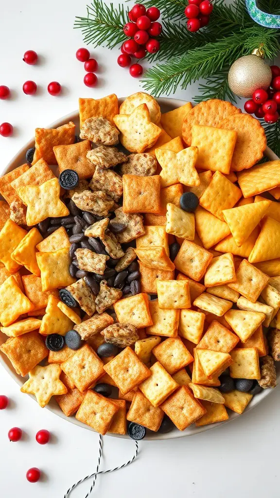 29+ Festive Grazing Table Ideas for a Perfect Christmas Celebration 13 A festive platter filled with various gourmet crackers and chips, decorated with holiday greenery and red berries.