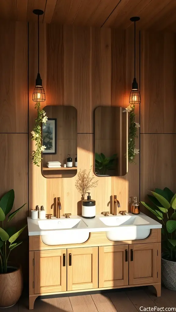 25+ Stunning Double Vanity Lighting Ideas for Your Bathroom 13 A nature-inspired bathroom featuring wooden elements and pendant lighting over a double vanity.