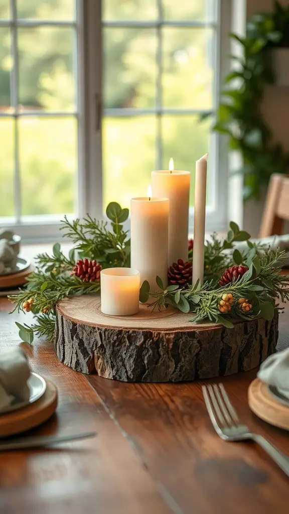 A rustic wood slice table centerpiece with candles and greenery