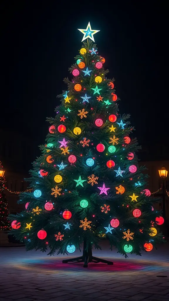 25+ Creative Nightmare Before Christmas Tree Ideas for Holiday Magic 13 A brightly lit Christmas tree with colorful ornaments and a glowing star on top, set against a dark background.