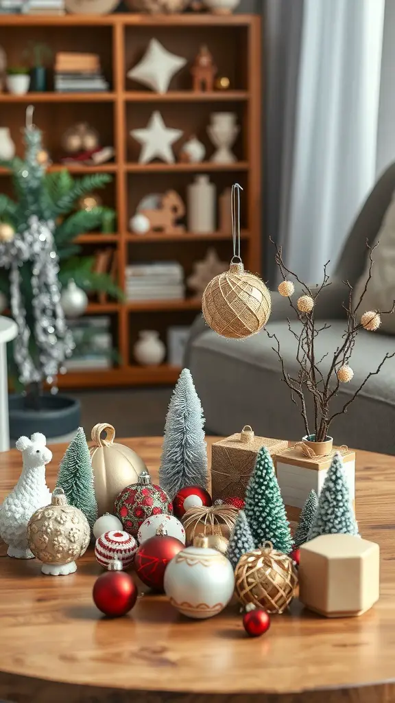 A festive coffee table display featuring various Christmas ornaments, small evergreen trees, and a playful white llama ornament.