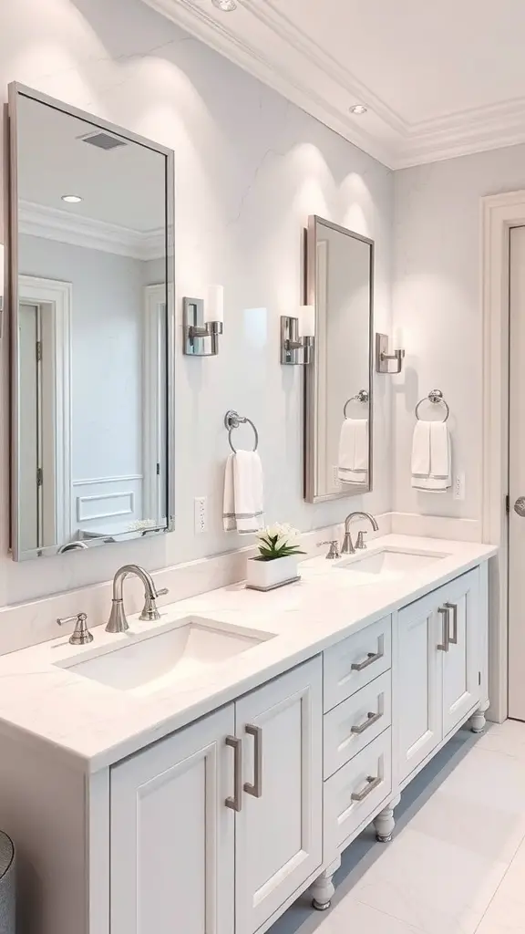 29+ Stunning Bathroom Vanity Ideas You’ll Love 5 Modern bathroom with a double sink vanity featuring white cabinetry and stylish fixtures.