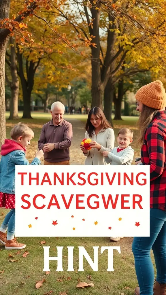 A family participating in a Thanksgiving scavenger hunt in a park, surrounded by autumn leaves.