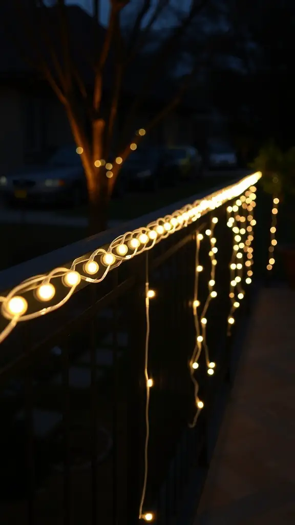 Rope lights illuminating a patio railing at night