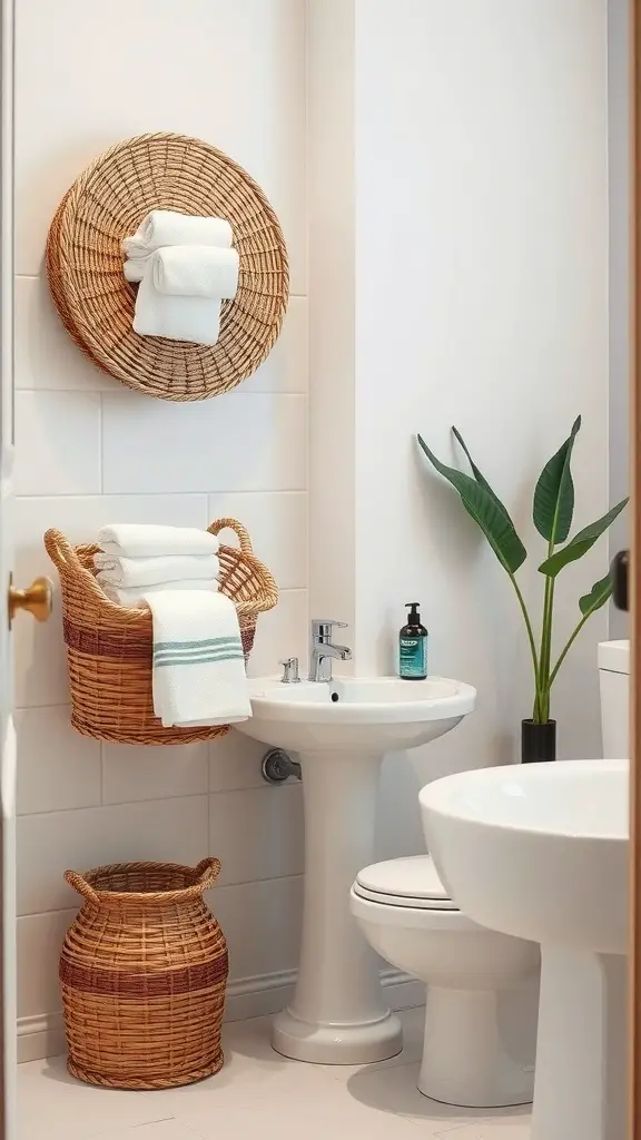 25+ Stylish Bathroom Wall Basket Ideas for Every Space 7 A bathroom featuring woven seagrass baskets for storage, with towels and a plant.
