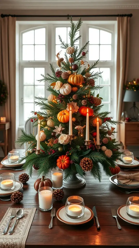 A beautifully arranged Thanksgiving tree centerpiece with pumpkins, flowers, and candles on a dining table.
