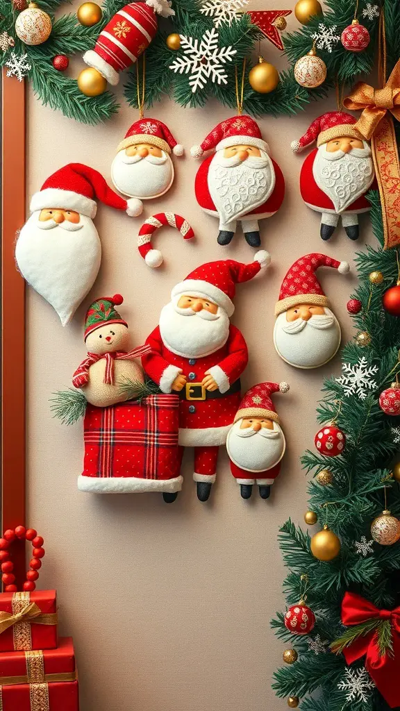 27+ Stunning Christmas Wall Art Ideas for a Festive Home 8 A collection of whimsical Santa illustrations with vibrant colors and playful expressions, surrounded by festive decorations.