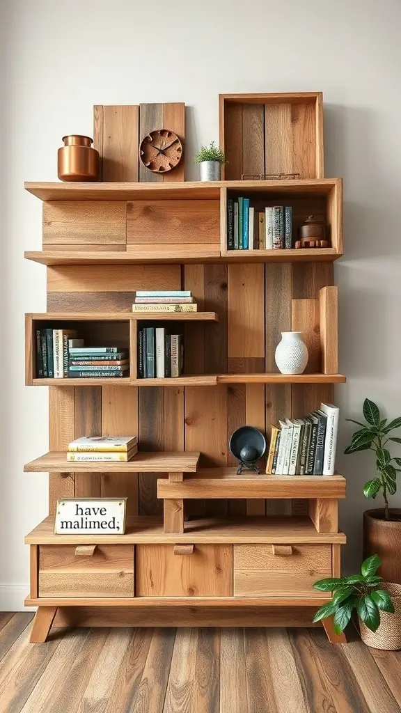 Creative wooden shelving unit with books, plants, and decorative items.