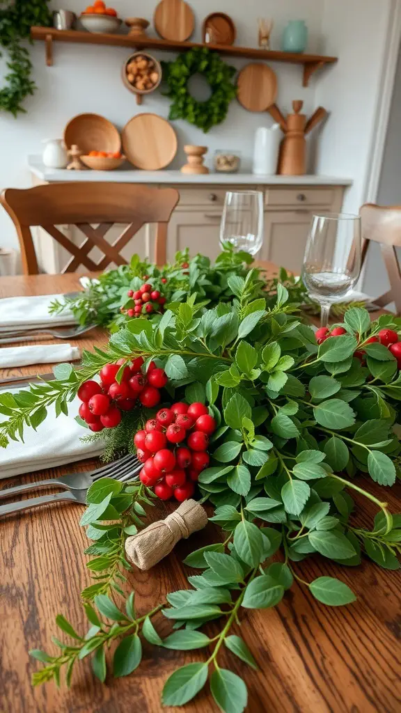 A kitchen table decorated with fresh greens and red berries, creating a festive holiday atmosphere.