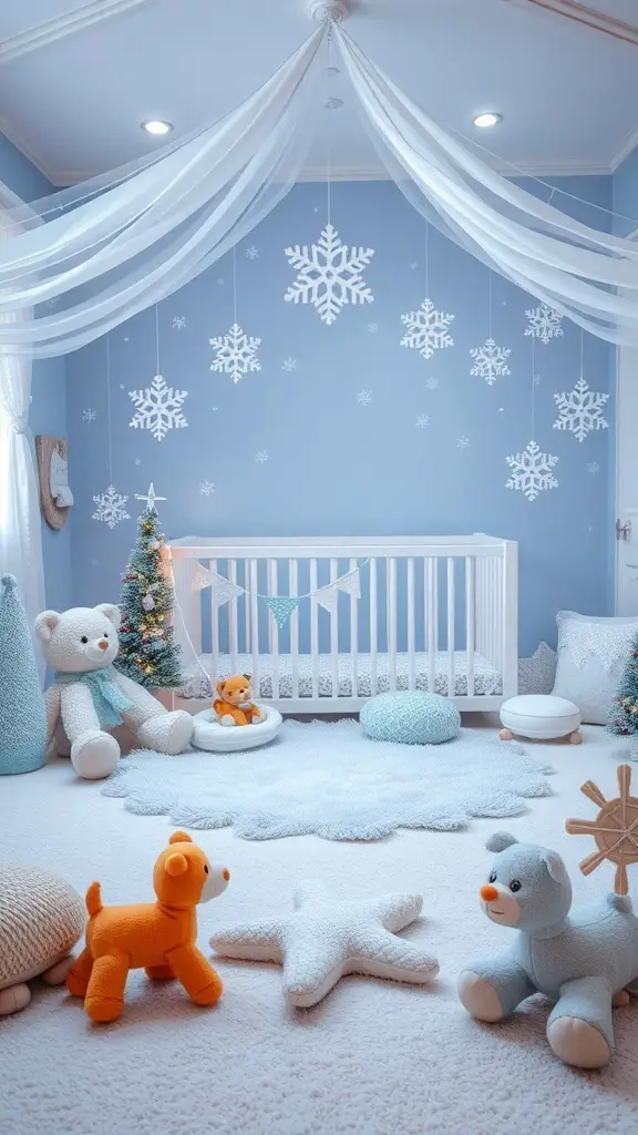 29+ Fun Christmas Activities for Babies to Celebrate the Holiday Season 16 A cozy winter-themed baby play area with a crib, plush toys, and snowflake decorations.