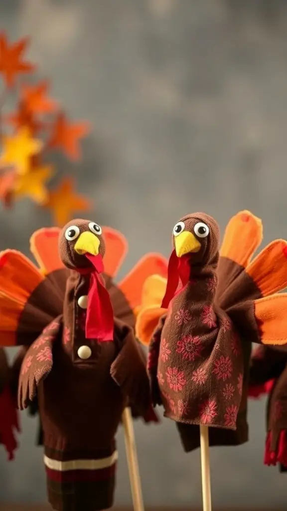 25+ Fun Thanksgiving Crafts for Toddlers to Create Together 16 Two turkey hand puppets made from socks, featuring colorful feathers and googly eyes.