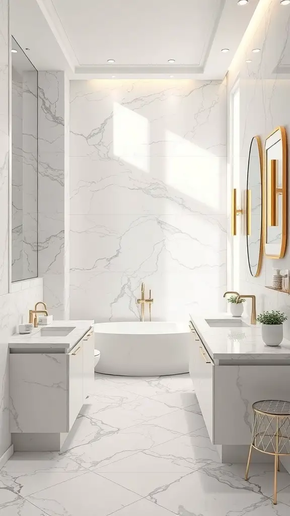 21+ Timeless Bathroom Ideas You’ll Love 9 Luxurious bathroom featuring marble accents, gold fixtures, and a freestanding bathtub.